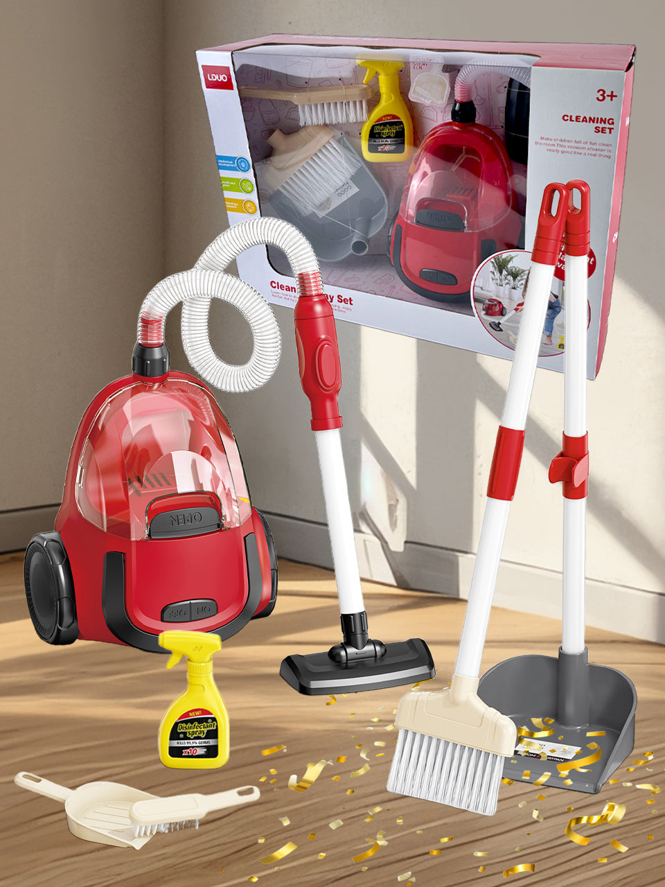 Interactive Pretend Play Cleaning Set – Mini Electric Vacuum, Sweeper, Dustpan & Spray Bottle – Role-Play Toy for Ages 3+