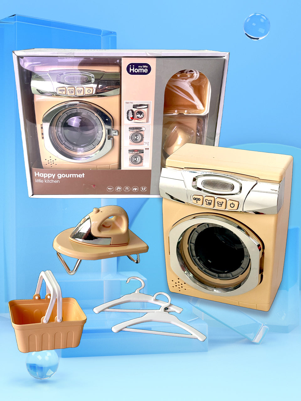 Kids Pretend Washing Machine Playset – Spinning Drum, Lights & Sounds, Iron, Basket & Hangers – Role-Play Laundry Toy (Ages 18M+)