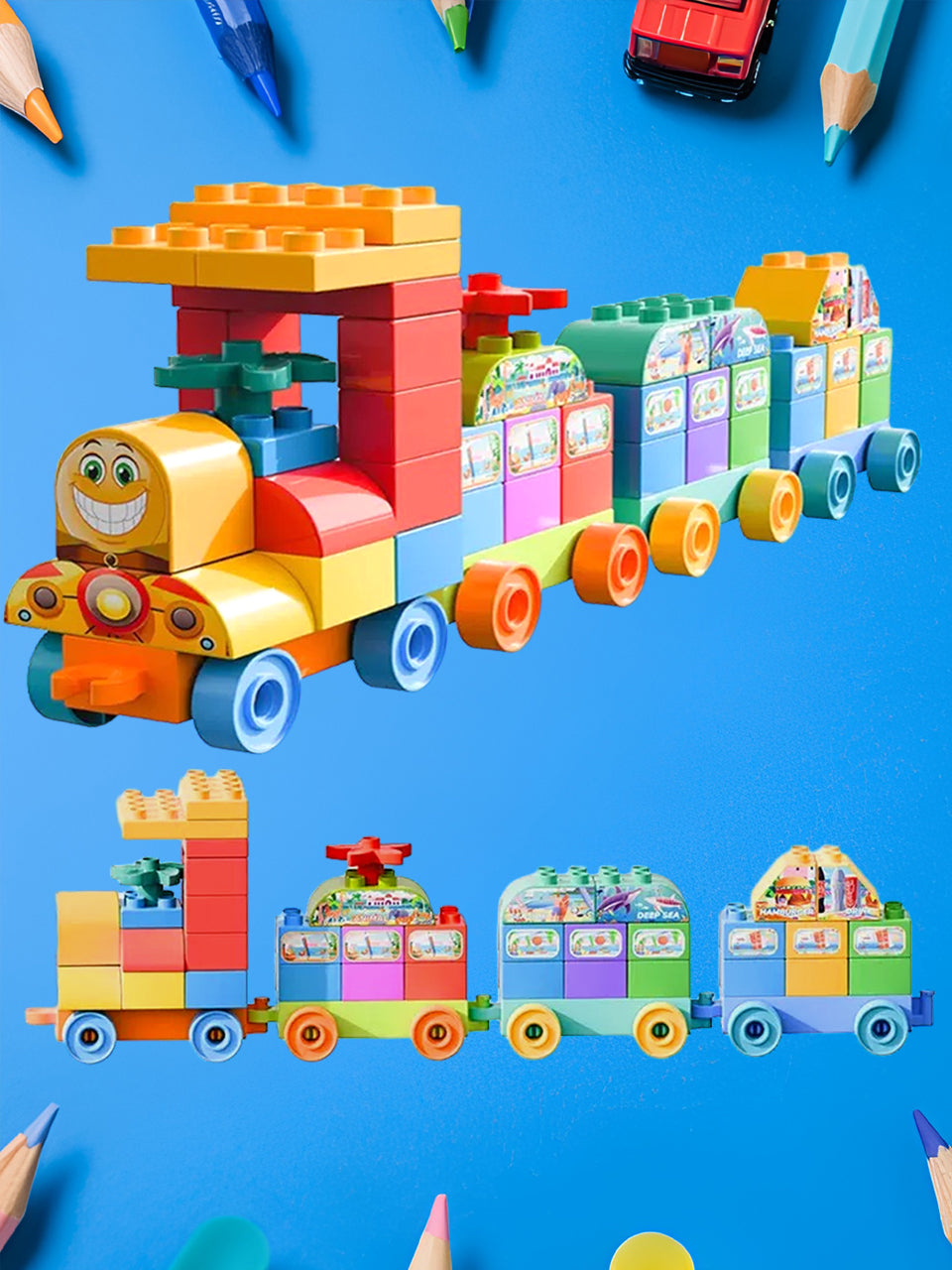 70-Piece Colorful STEM Train Building Set for Kids 3+ – Creative DIY Train Blocks with Rolling Wheels, Stickers, Portable & Safe