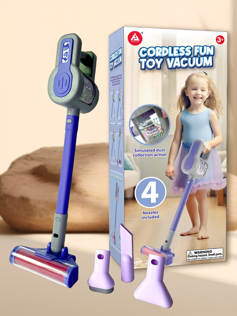 Kids Toy Vacuum Cleaner for Ages 3+ – Battery-Powered Pretend Play Vacuum with Realistic Sounds, Spinning Brush, Bead Bin & Interchangeable Nozzles