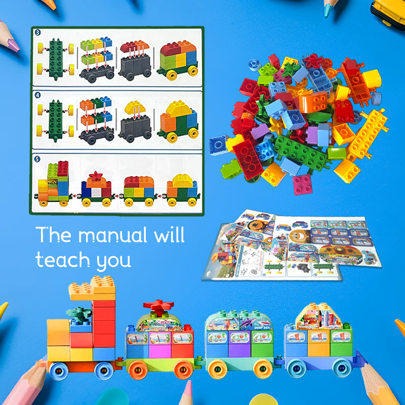 70-Piece Colorful STEM Train Building Set for Kids 3+ – Creative DIY Train Blocks with Rolling Wheels, Stickers, Portable & Safe