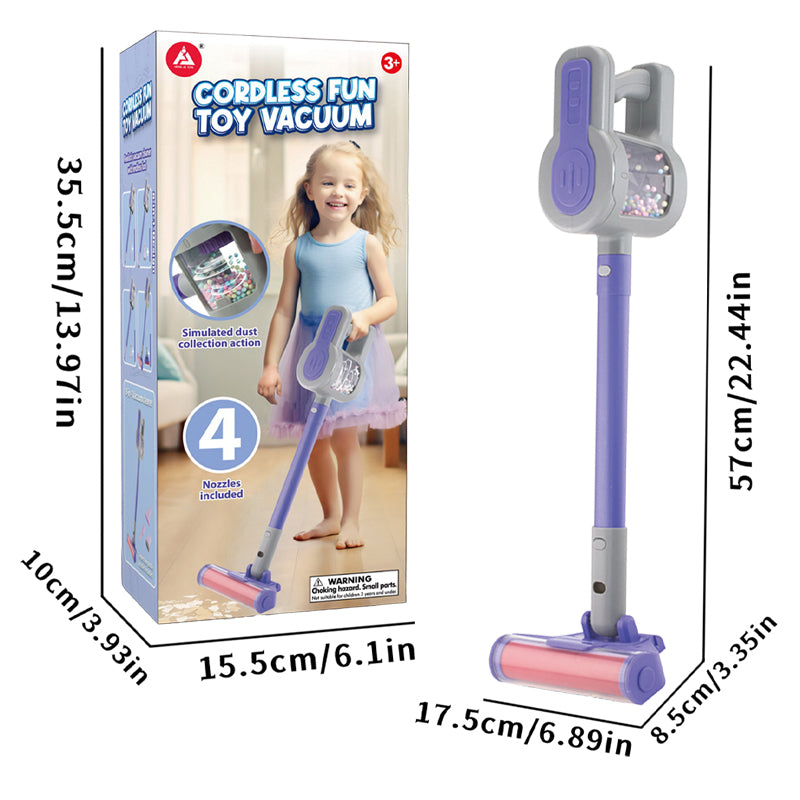 Kids Toy Vacuum Cleaner for Ages 3+ – Battery-Powered Pretend Play Vacuum with Realistic Sounds, Spinning Brush, Bead Bin & Interchangeable Nozzles