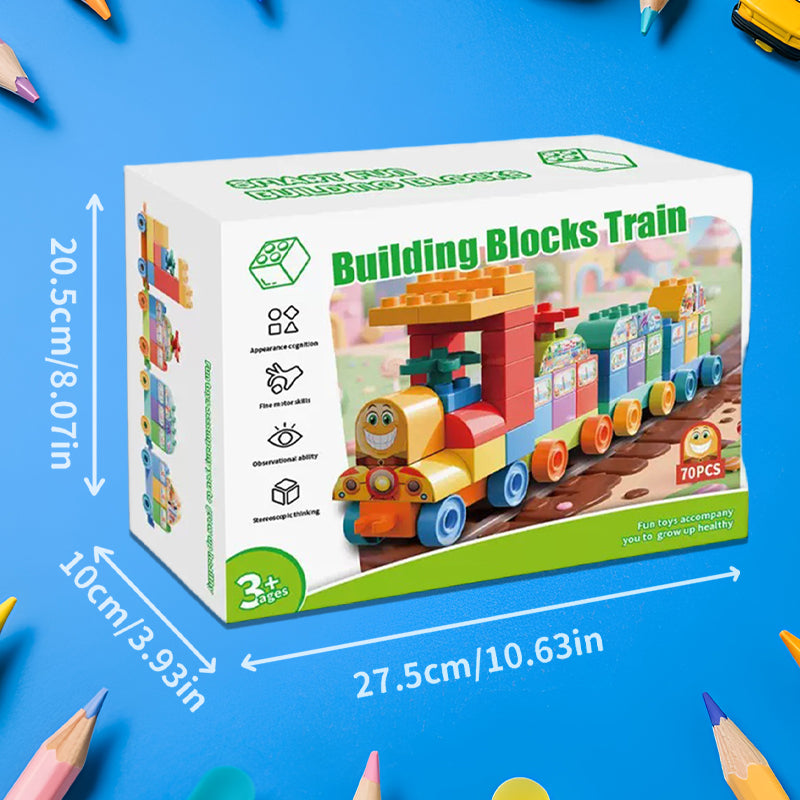 70-Piece Colorful STEM Train Building Set for Kids 3+ – Creative DIY Train Blocks with Rolling Wheels, Stickers, Portable & Safe